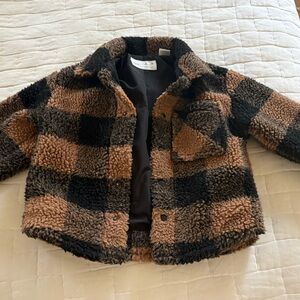 Zara Kids Black and Brown Plaid Fleece Jacket